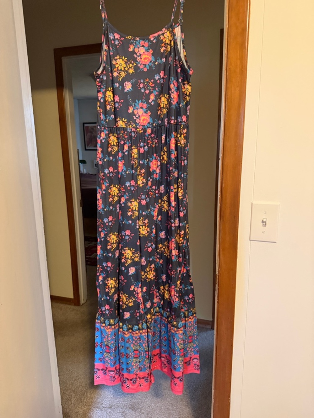 Floral Spaghetti-Boho jumpsuit in Navy with Coral and Yellow Accents